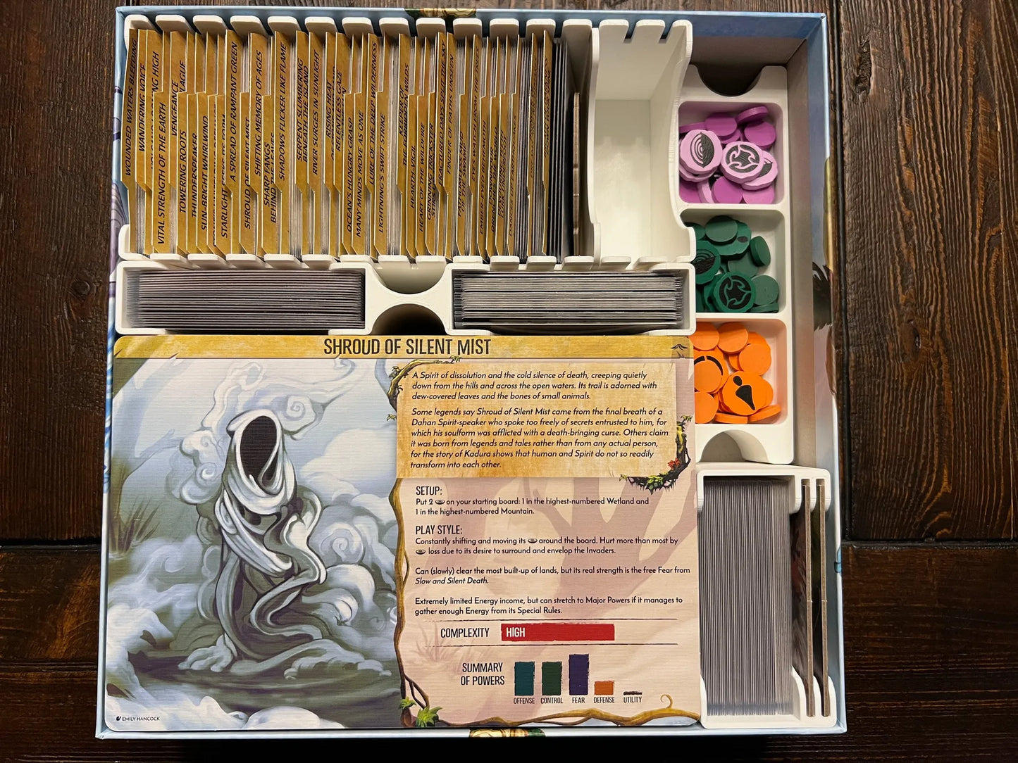 Board game organizer with labeled card dividers and colorful game tokens inside box for tabletop storage