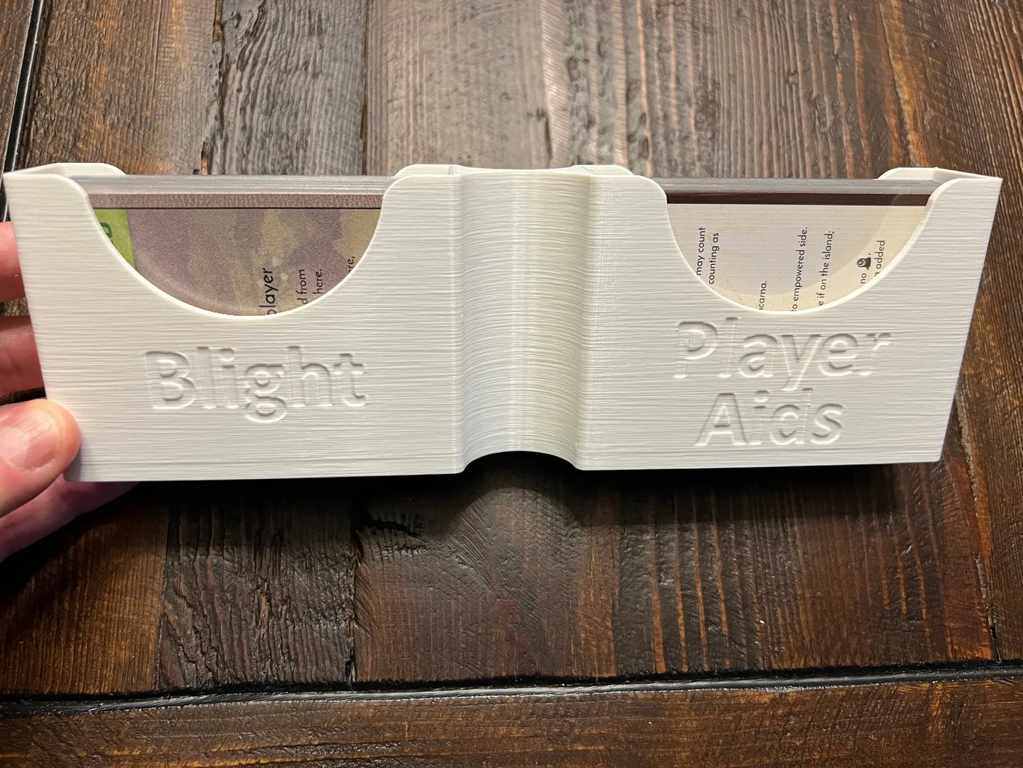 3D printed board game organizer for Blight and Player Aids, white, on wooden table