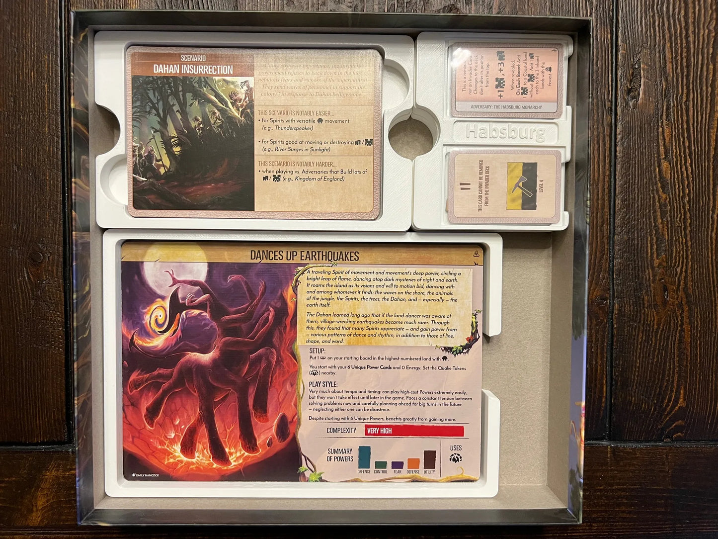 Board game organizer with Spirit Island cards and 3D printed insert for game storage