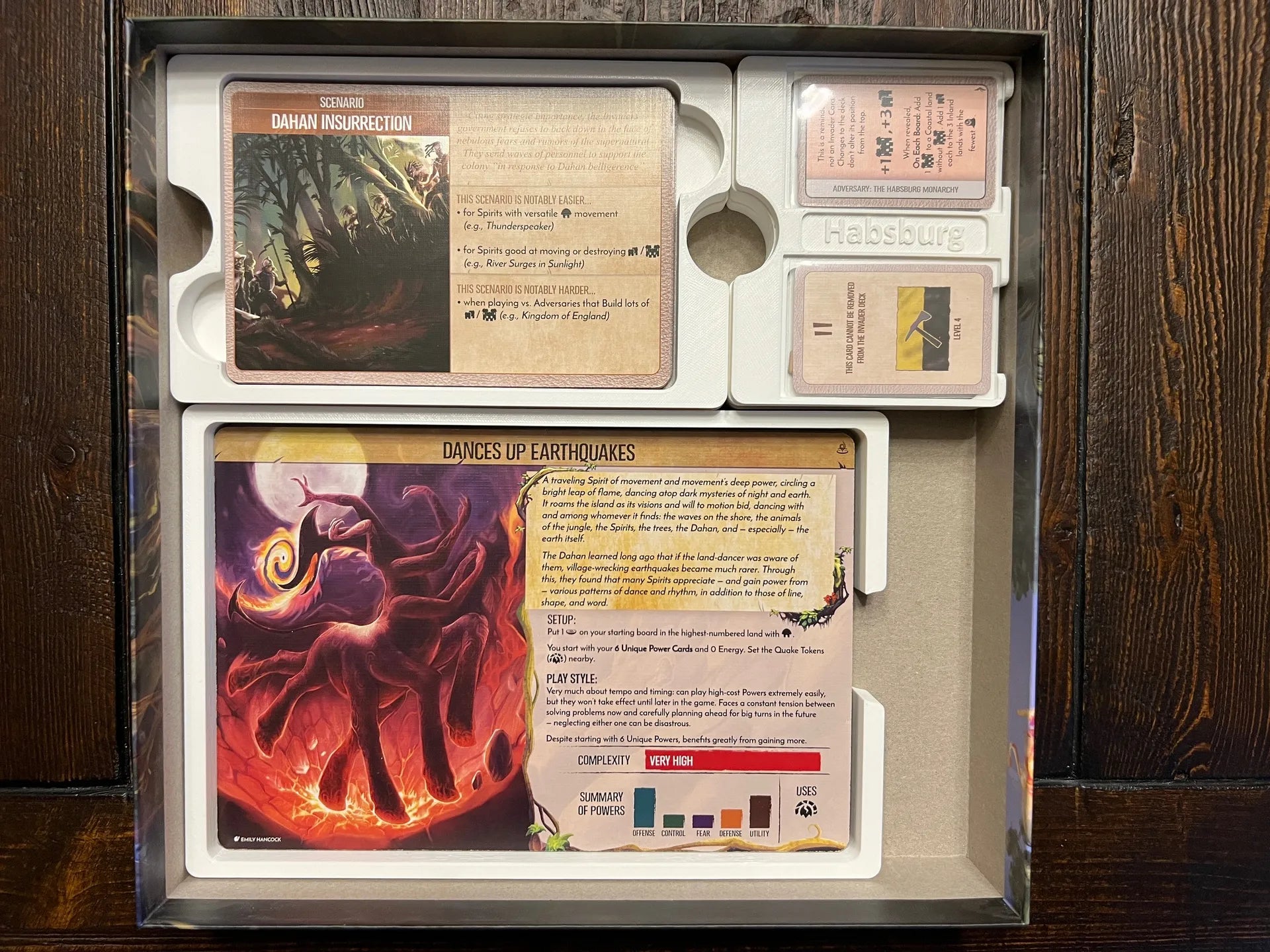 Board game organizer with Spirit Island cards and 3D printed insert for game storage
