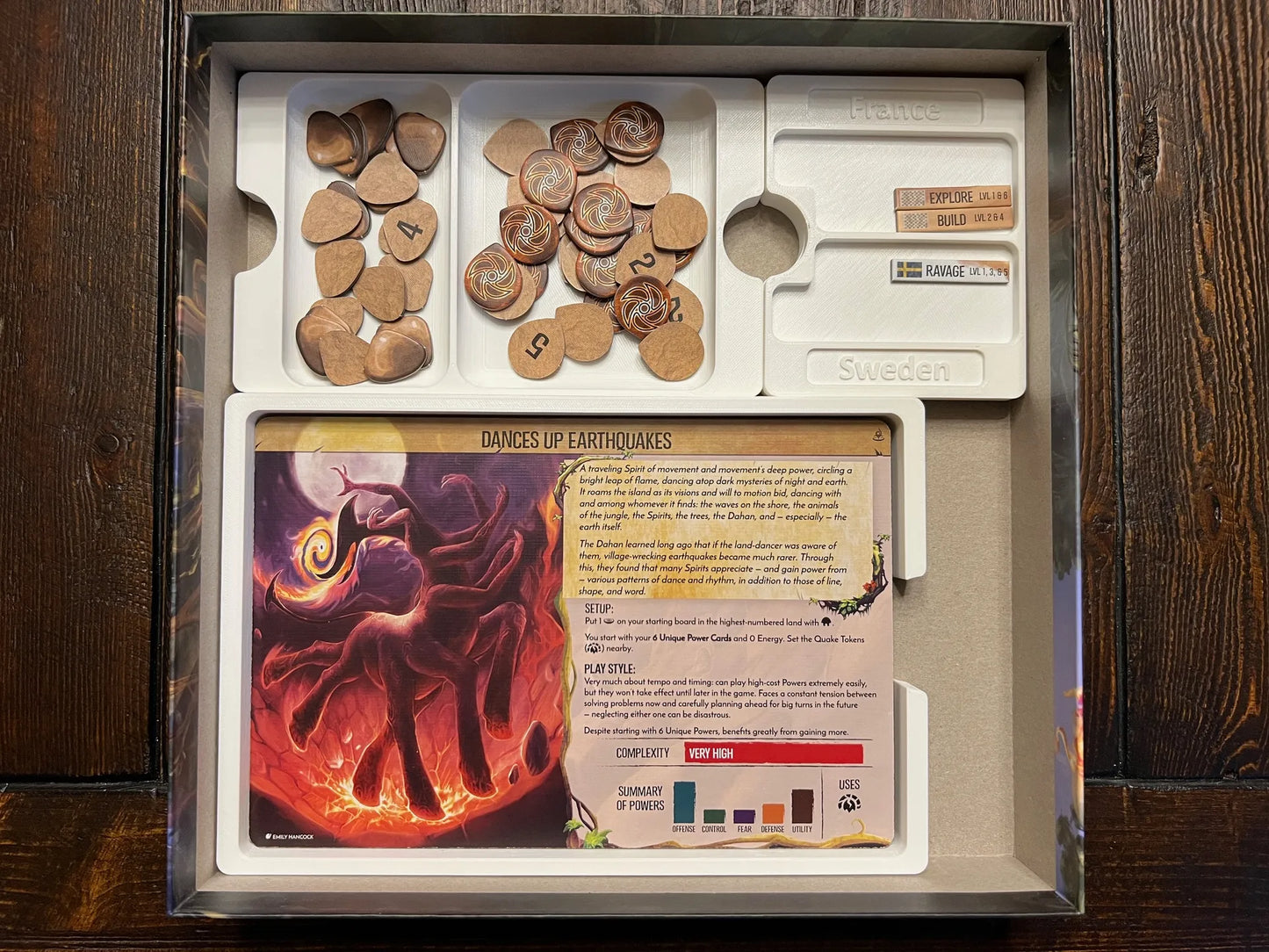 Board game organizer by KreativLayers storing tokens and game cards in custom 3D printed insert.